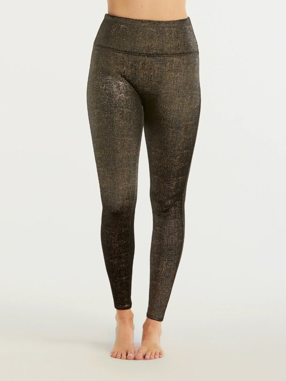 NWT SPANX Velvet Shine Leggings Black Gold Metallic Power Waistband M MSRP $110 - Picture 2 of 3